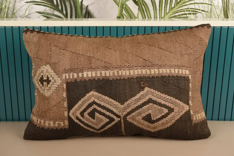 Turkish Beige Cushion, Geometric Antique 16x24 inch Pillow Case - 1