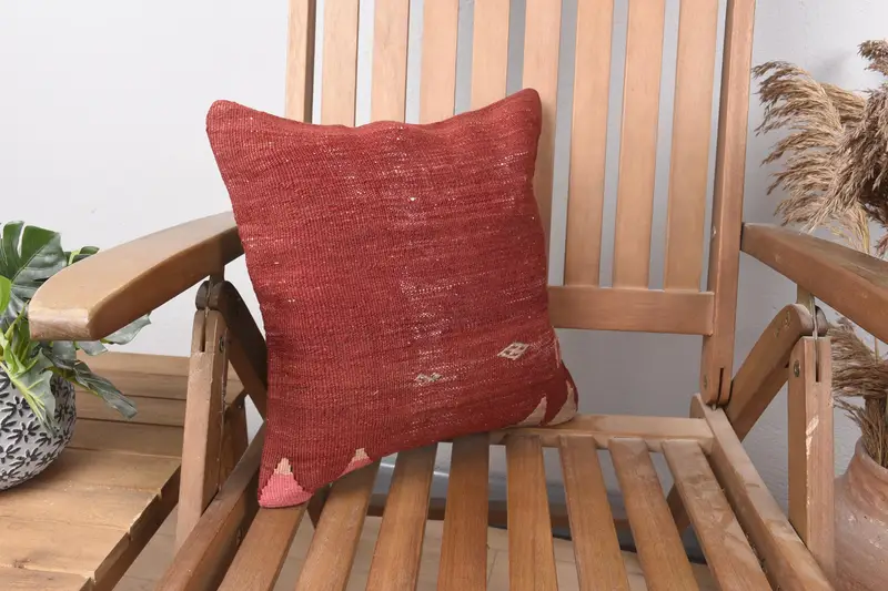 Geometric Red Throw Euro Sham, Antique 14x14 inch Wool Cushion Case - 1