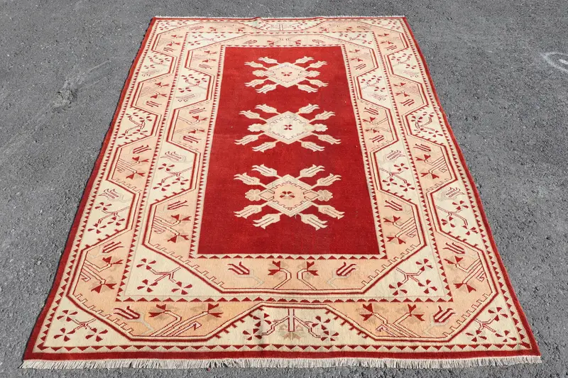 Vintage 4,9x6,7 ft großer Teppich, türkischer Teppich, rot gestreifter Oushak-Teppich - 1