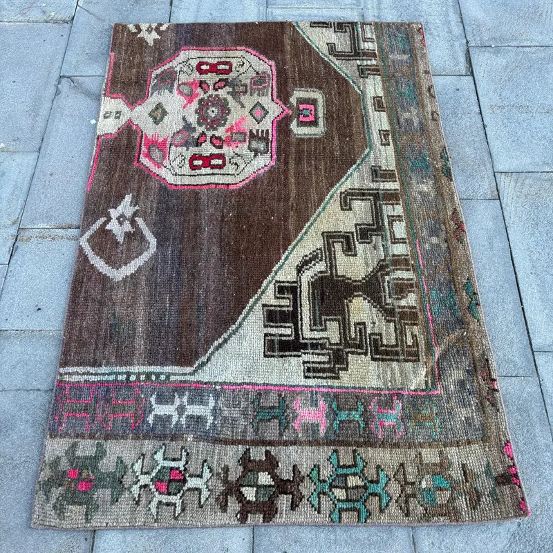 3.1x4.7 ft Rug, Vintage Turkish Rug, Oushak Brown Ikat Rug - 1