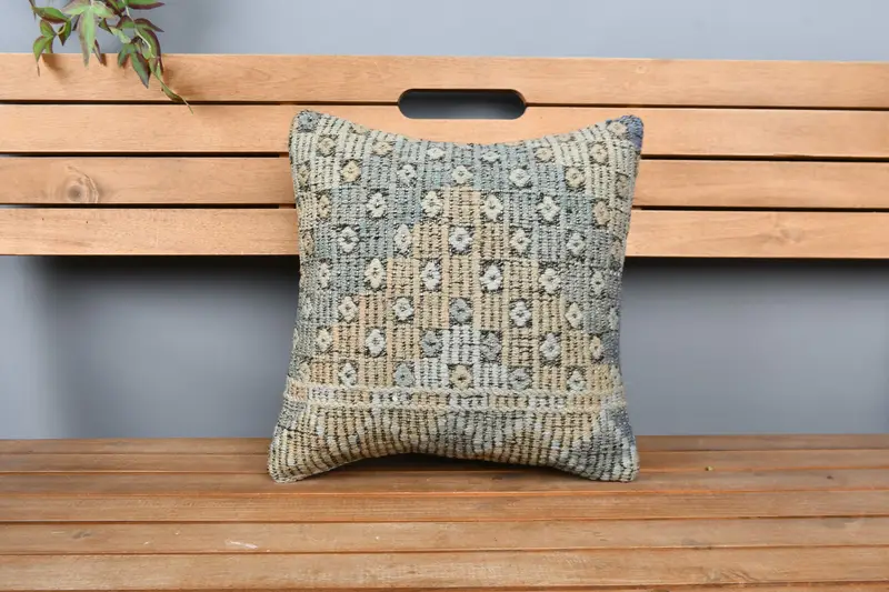 16x16 Beige Pillow, Accent Throw Cushion Case, Pillow, Meditation Pillow, Turkish Pillow, Handmade Kilim Cushion, Gift Pillow, Colorful Pillow Cover - 6