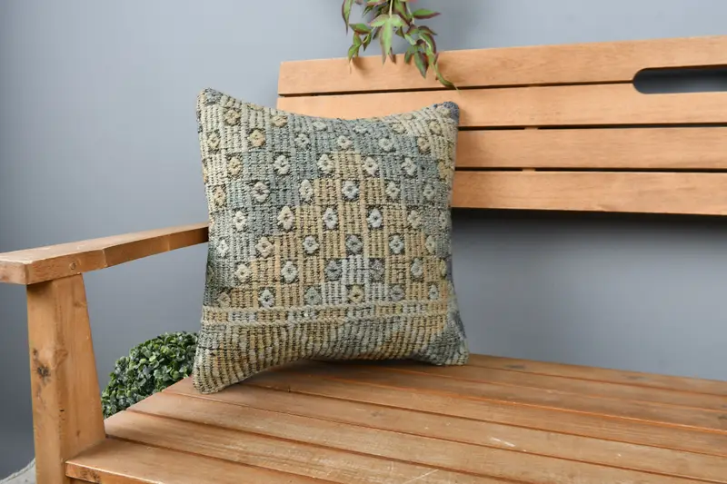16x16 Beige Pillow, Accent Throw Cushion Case, Pillow, Meditation Pillow, Turkish Pillow, Handmade Kilim Cushion, Gift Pillow, Colorful Pillow Cover - 1