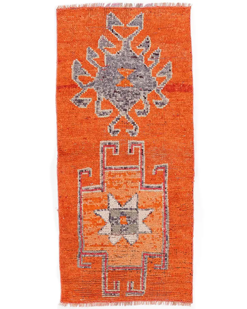 Orange-blauer Teppich, 2,6 x 5,5 Fuß, geometrisches Blumenmuster