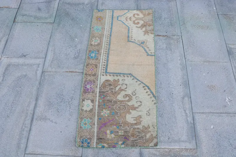 Turkish Small Rug 1.4x3.2 ft, Brown Blue Bordered Rug Wool - 1