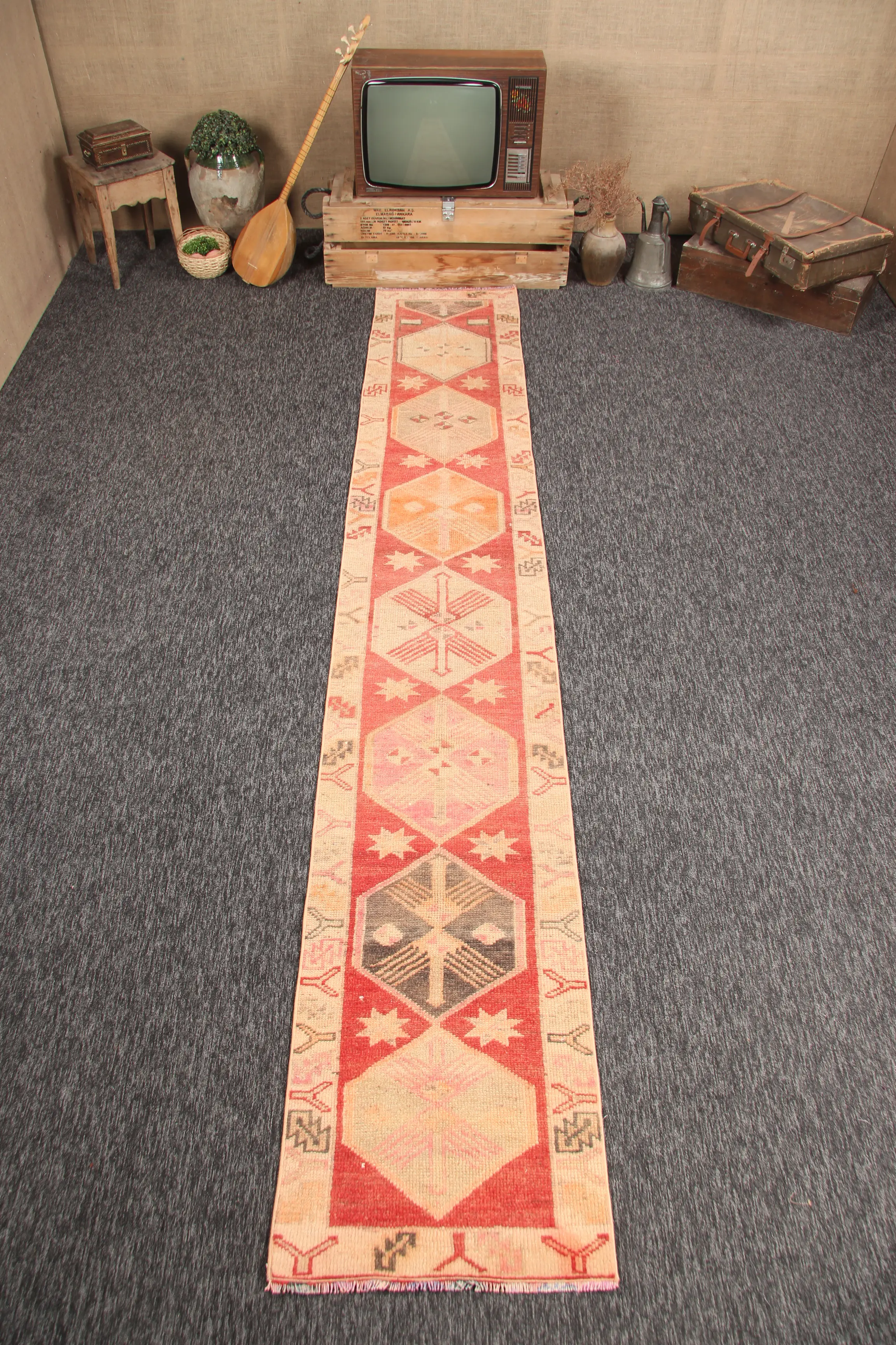 Vintage Turkish Rug, Runner 2x11.8 ft (60x360 cm) Rug, Red Geometric Rug - 1