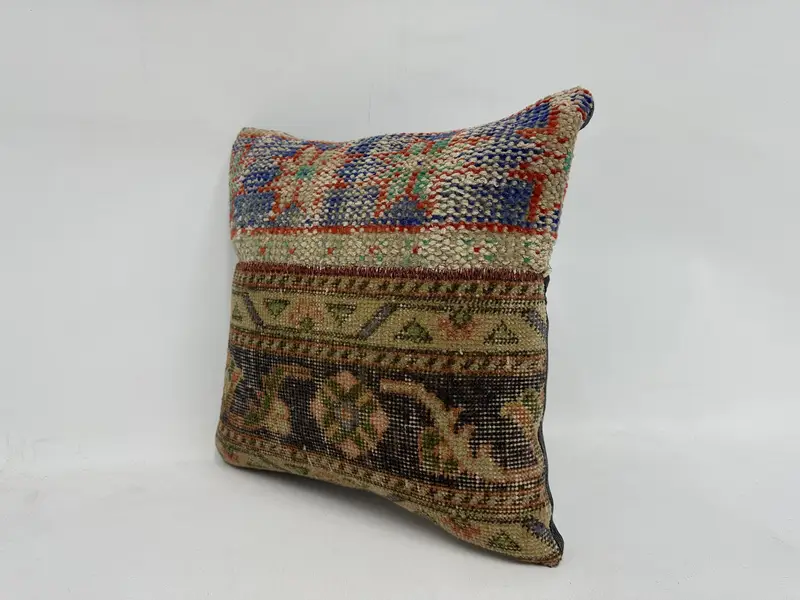 16x16 Blue Pillow Cover, Vintage Pillow, Turkish Kilim Pillow, Sofa Cushion, Cushion Cover, Interior Designer Pillow, Ikat Pillow Cover - 4