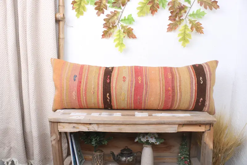 Gift Pillow, Ethnical Kilim Rug Pillow, Home Decor Pillow, 12x36 Beige Cushion, Natural Pillow Cover, Pillow Case, Handmade Rug Seat Cushion Case - 1