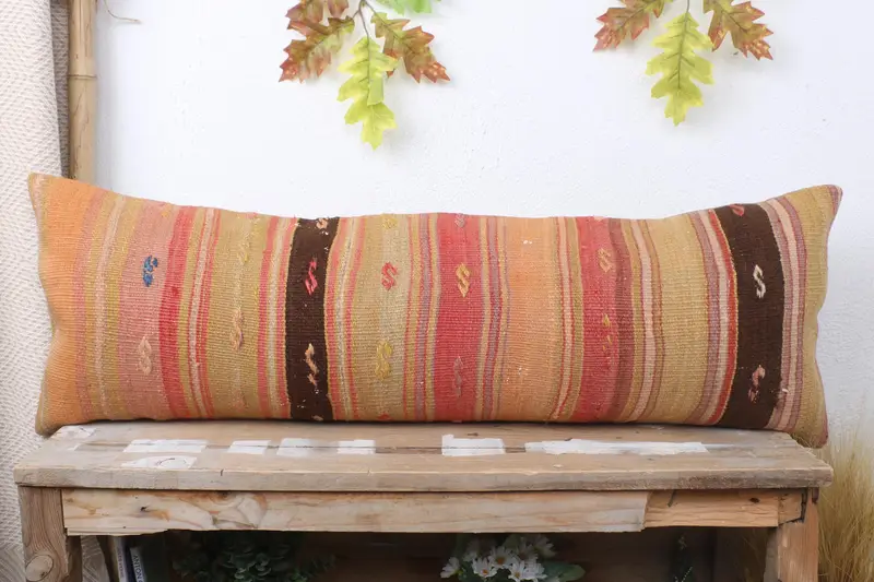 Gift Pillow, Ethnical Kilim Rug Pillow, Home Decor Pillow, 12x36 Beige Cushion, Natural Pillow Cover, Pillow Case, Handmade Rug Seat Cushion Case - 2