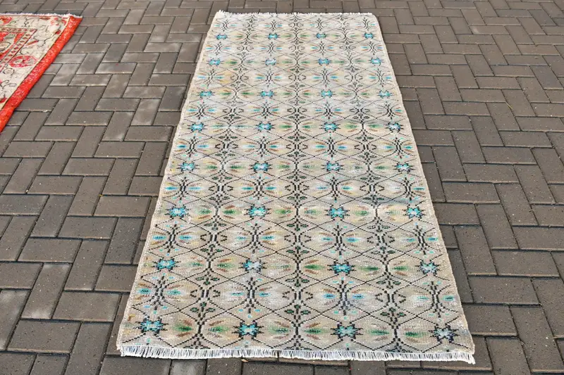 Türk Vintage Halısı, 3.37x6.6 ft Oushak Halısı, Mavi Çiçekli Yün Halısı - 1