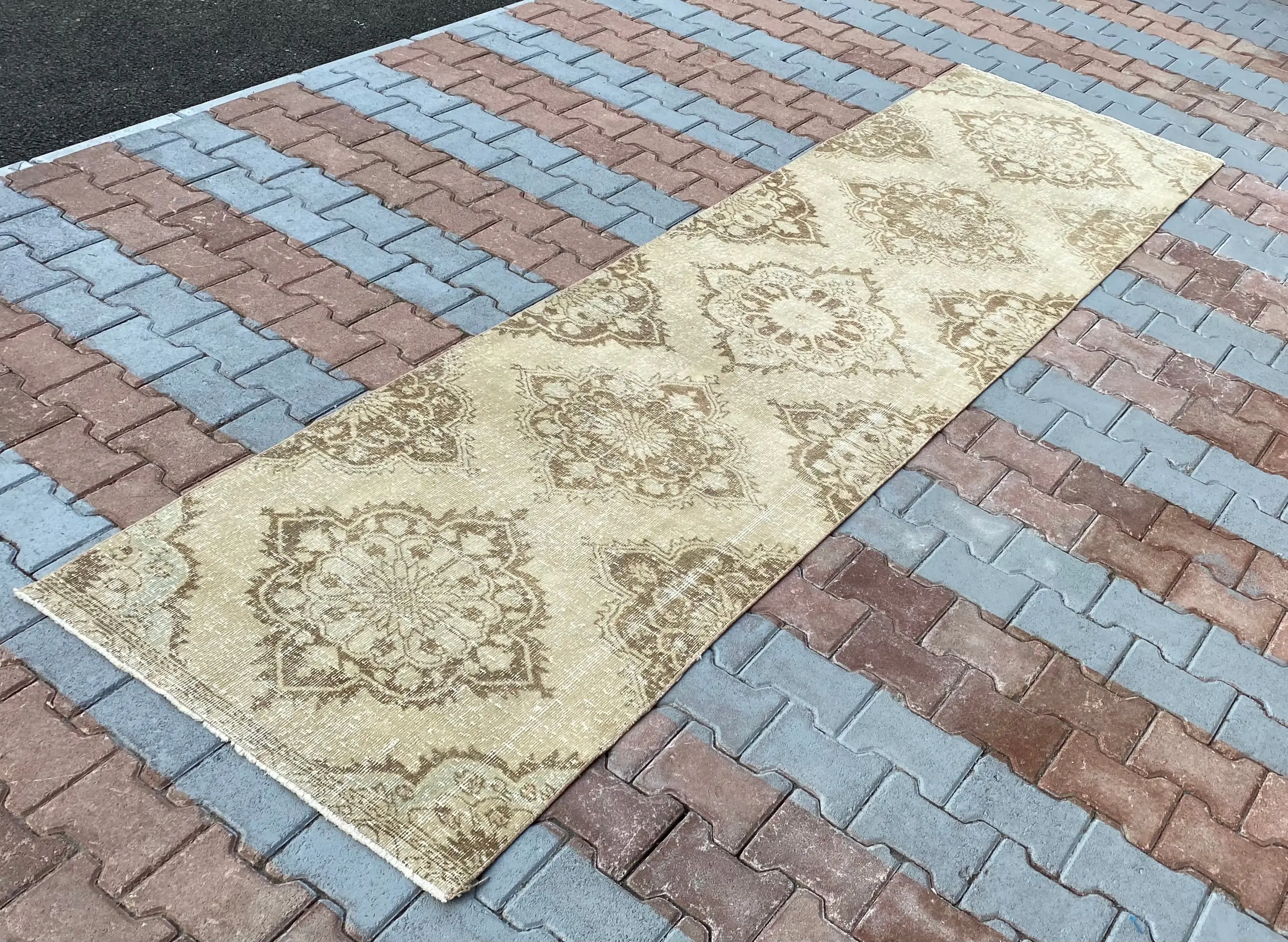 3x10.9 ft Turkish Rug, Vintage Runner Rug, Brown Beige Floral Rug - 1