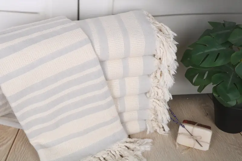 Beach Towel Gray Striped Organic Cotton, Personalized, 34x71 Inches