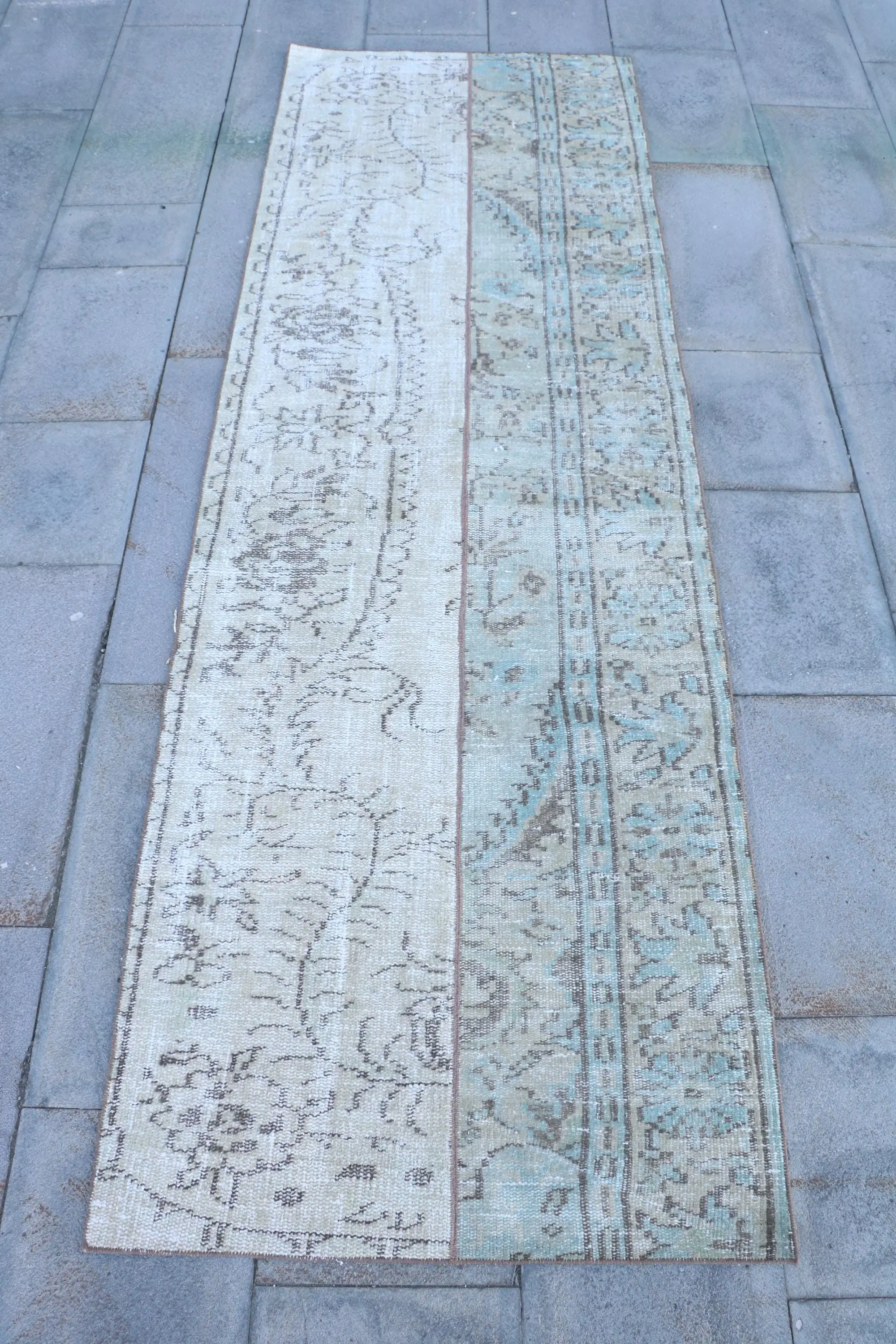 Vintage Rug, Runner 2.7x8.2 ft Turkish Rug, White Blue Bordered Wool Rug - 1