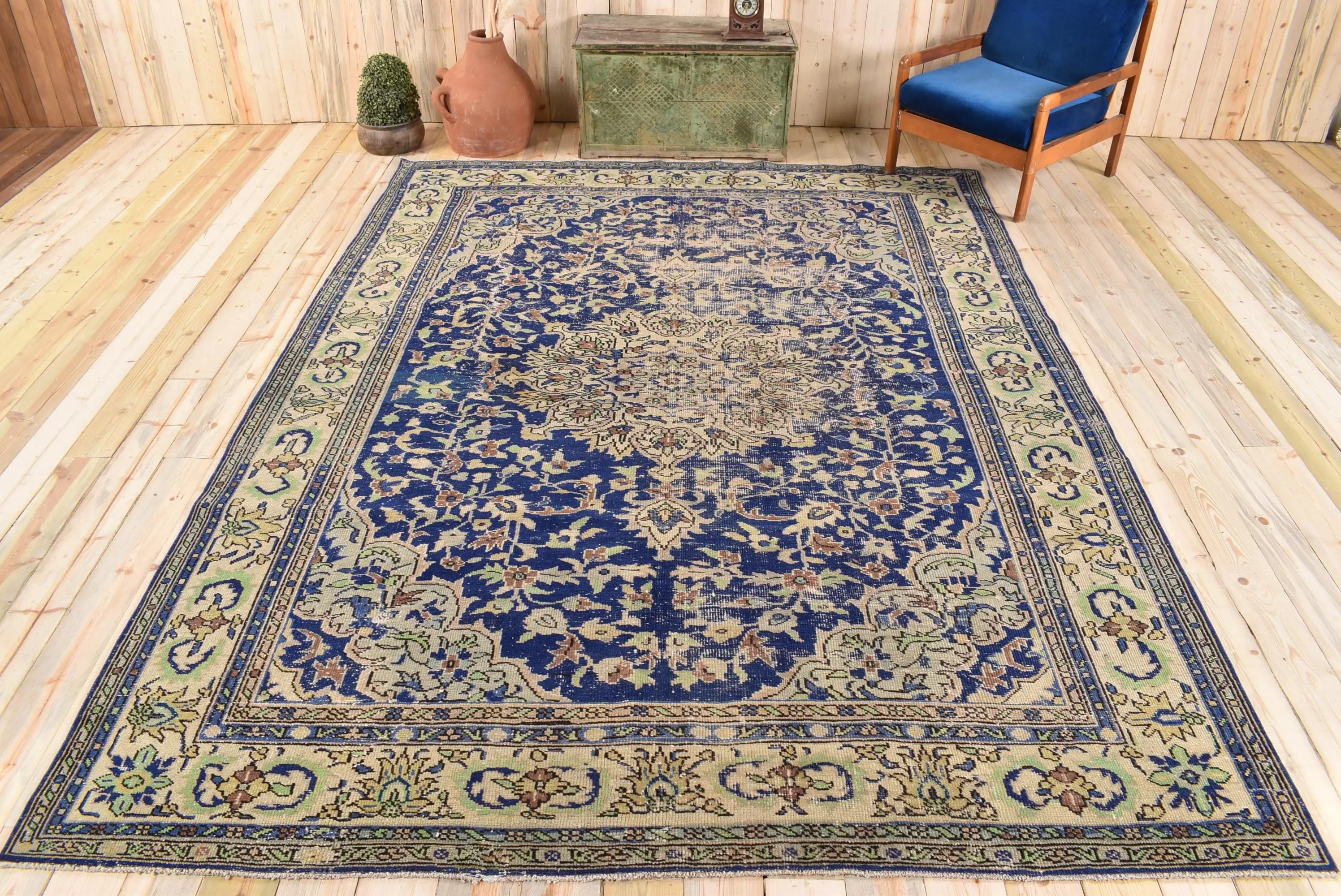 8,2x10,9 ft Teppich, türkischer Vintage Teppich, blau grüner Tierdruck Teppich - 1