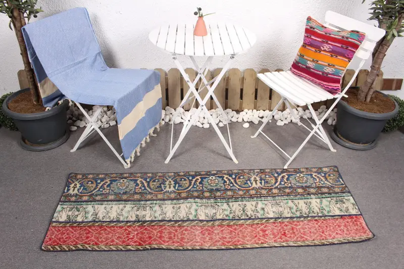 Türk 1.8x5.3 ft Halı, Runner Vintage Halı, Kırmızı Mavi İkat Halı - 1