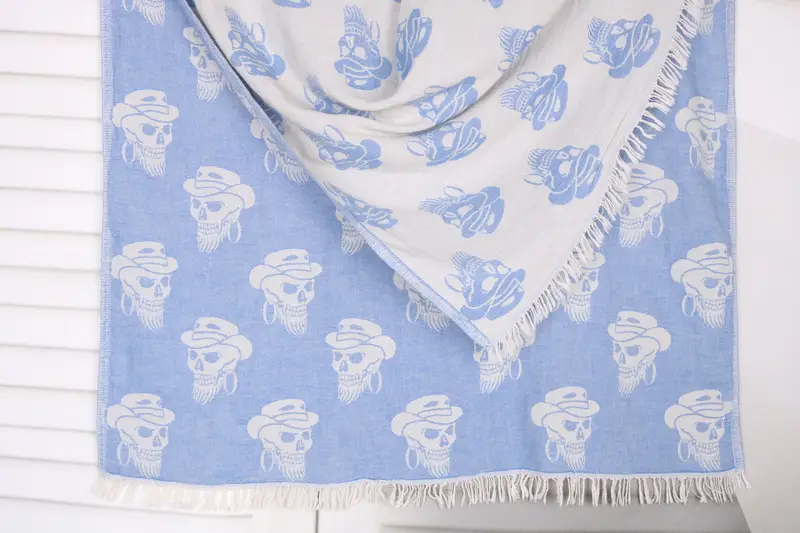 Bath Towel Skull Patterned Blue Organic Cotton, 36x71 Inches
