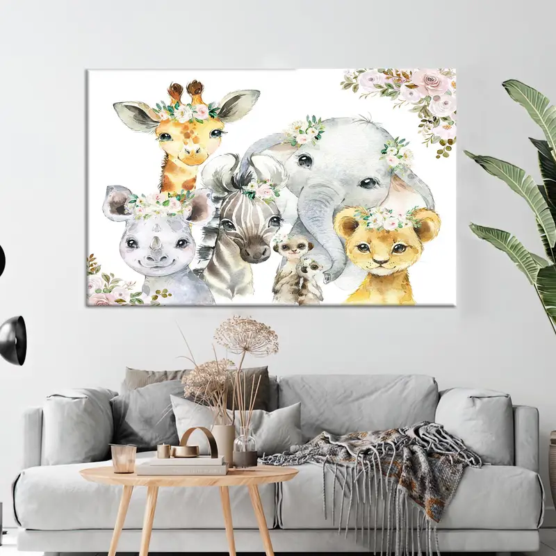 Moderne, mit Dschungeltieren bedruckte Leinwand für trendige Babyzimmerdekoration