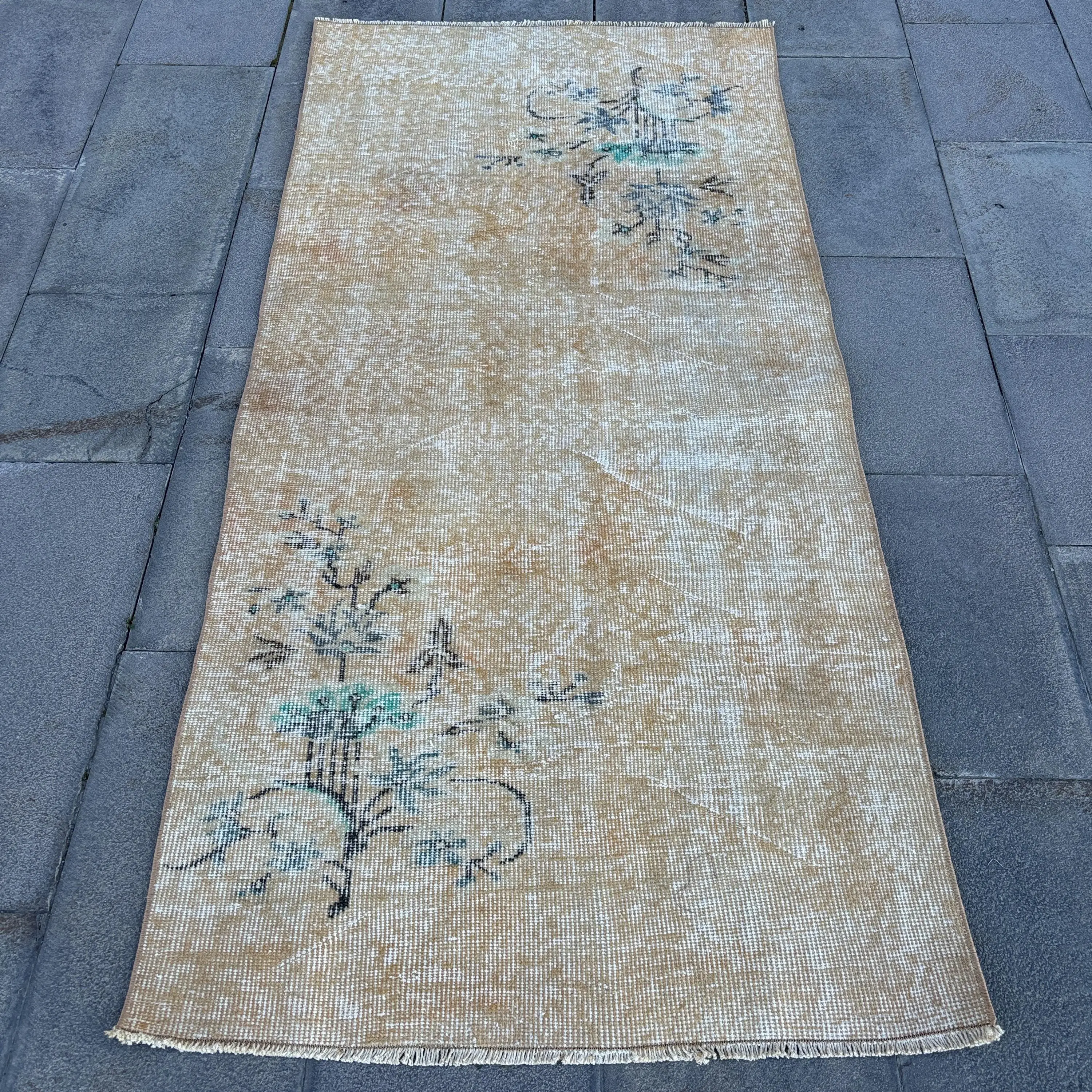 Turkish Rug, 2.9x6.1 ft Accent Vintage Rug, Brown Blue Plants & trees Rug - 1