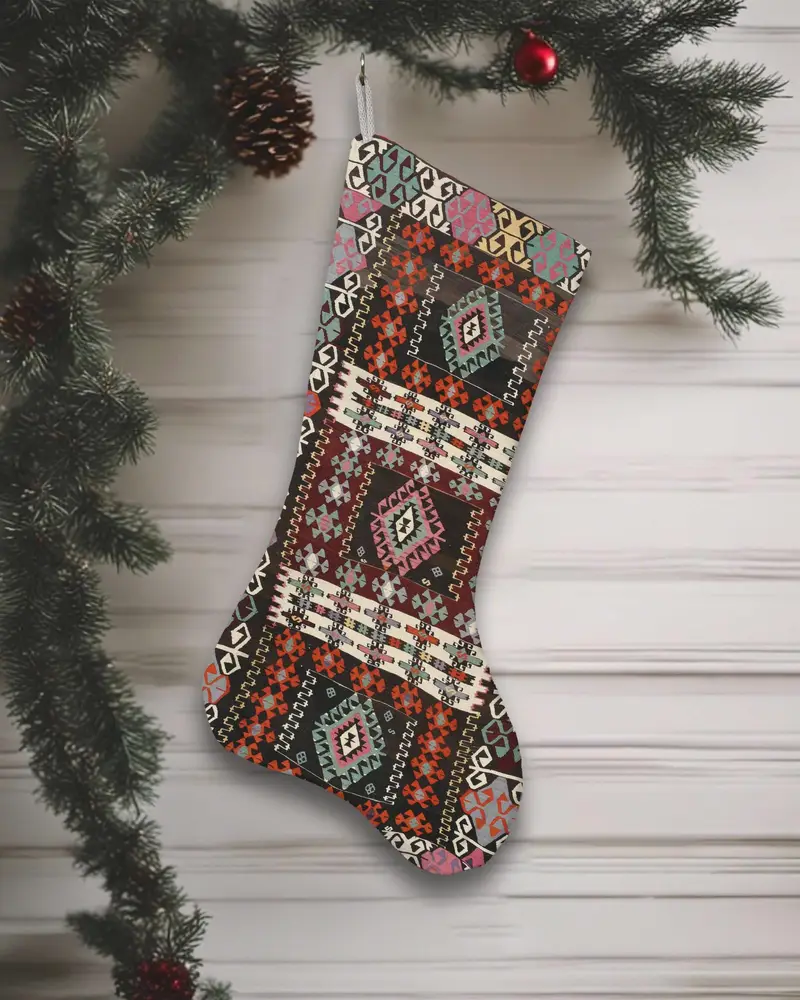 Brown & Beige Christmas Stocking, Festive Ornament Patterned Holiday Decor