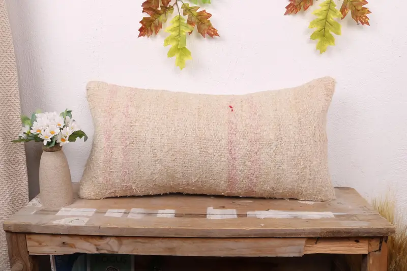 Interior Designer Pillow, Outdoor Pillow, 12x24 Beige Cushion Case, Cushion Cover, Ethnical Kilim Rug Pillow, Handmade Kilim Cushion - 1