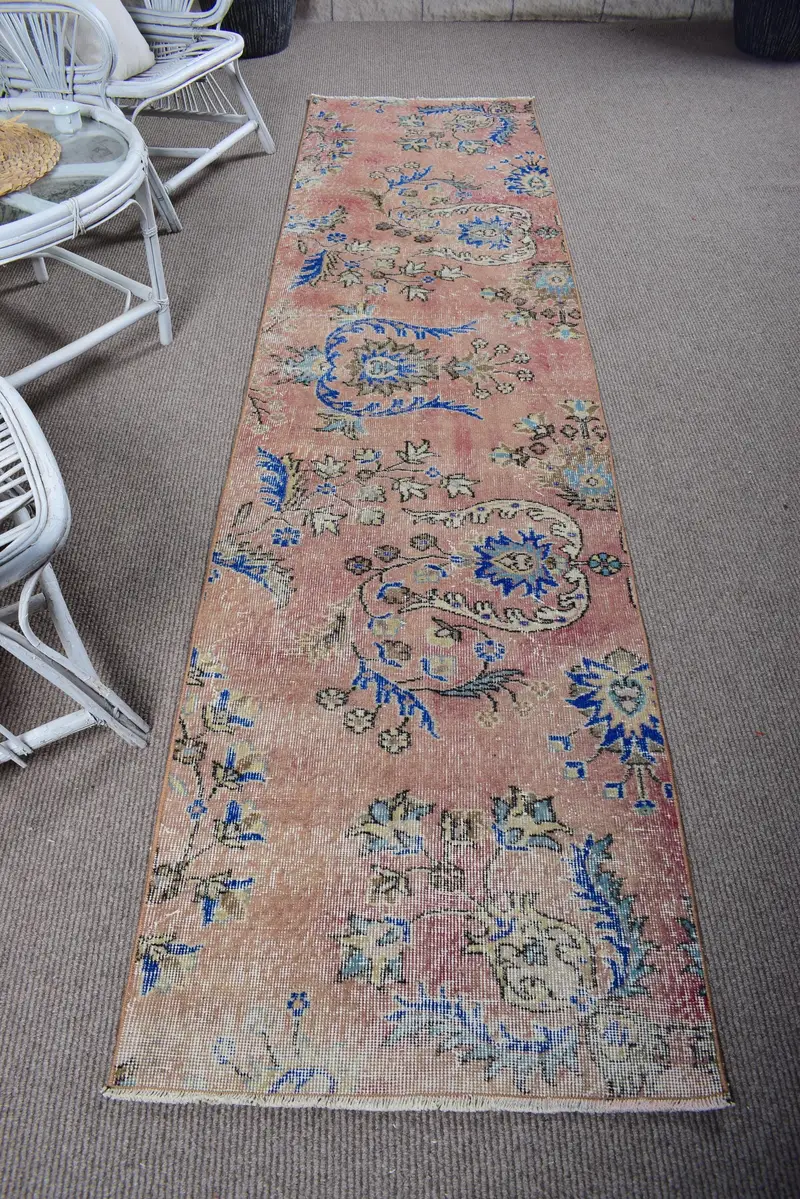 2,5x9,9 ft türkischer Vintage-Teppich, Läuferteppich, rot-blau gepunkteter Wollteppich - 1
