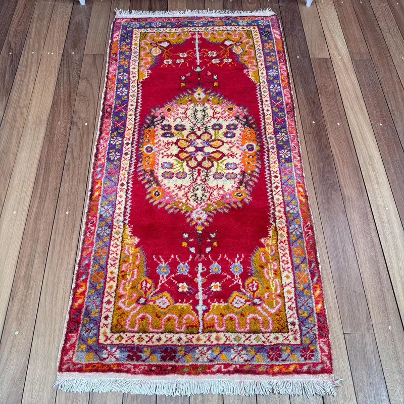Vintage Teppich, 2,6x5,2 ft kleiner Teppich, roter türkischer Ikat-Wollteppich - 1