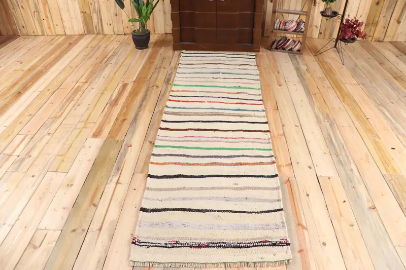 Turkish Vintage Rug 2.6x8.4 ft (78x255 cm), Kilim White Wool Rug - 1