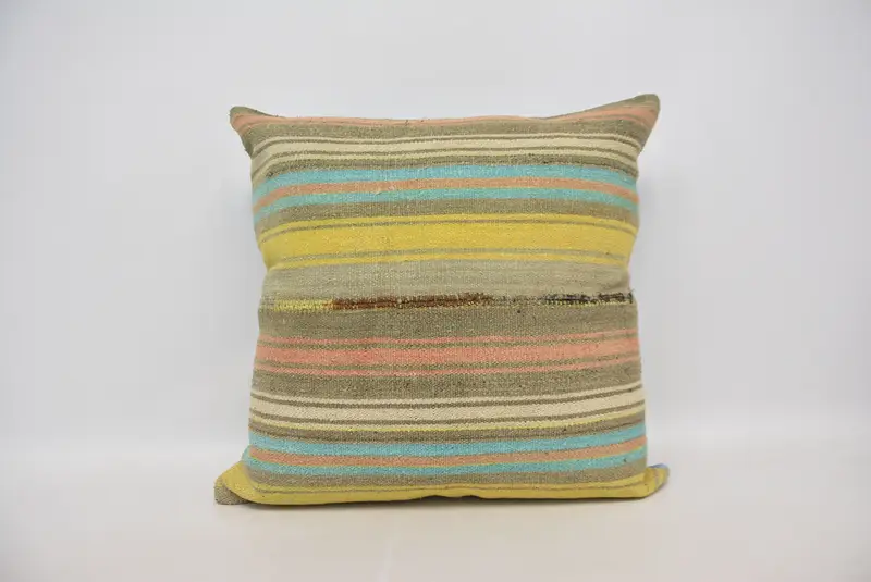 Handgefertigtes gestreiftes Hanfkissen, Vintage besticktes Kissen
