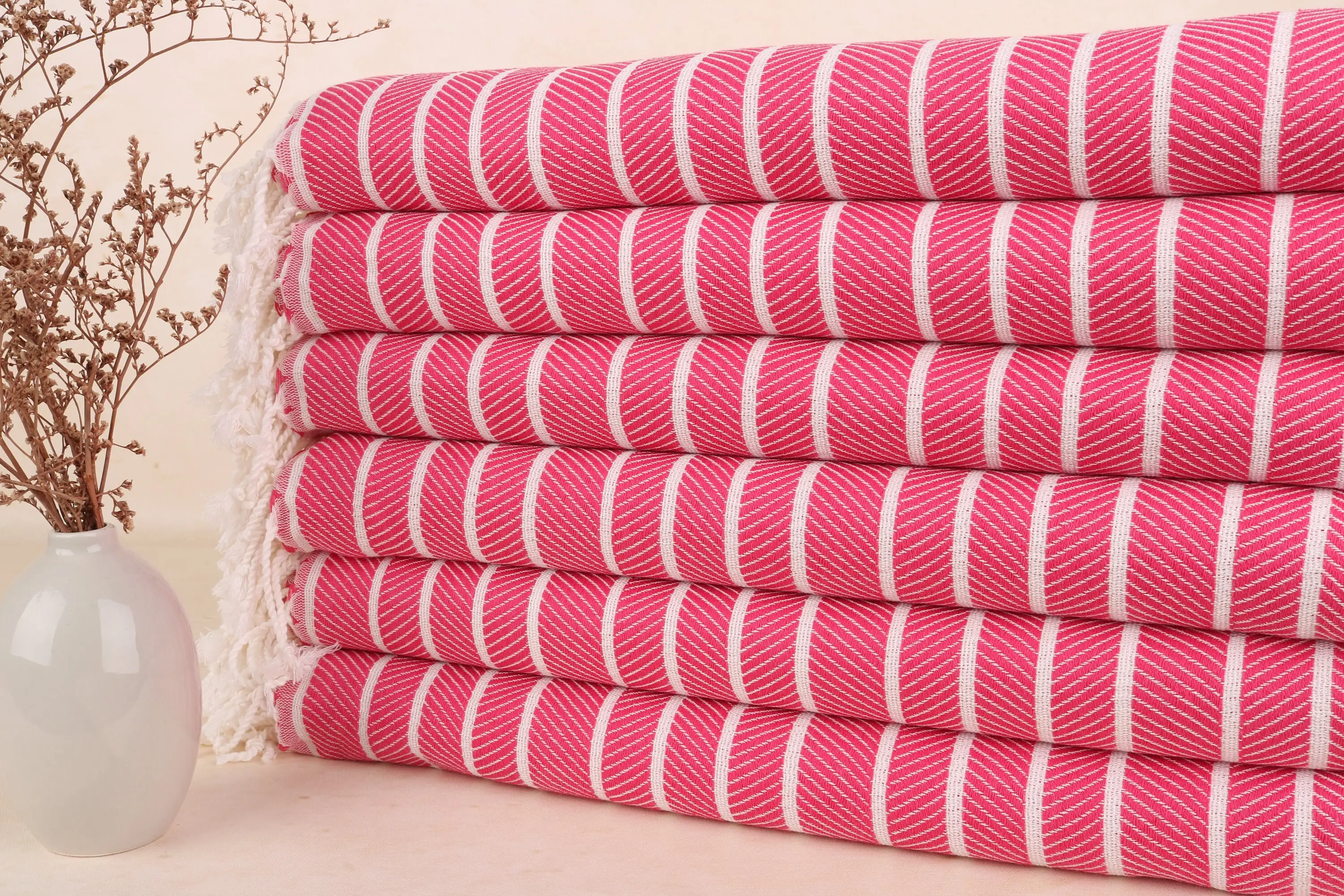 Herringbone Towel Fuchsia Bamboo Organic Cotton Towel, 40x71 Inches - 1