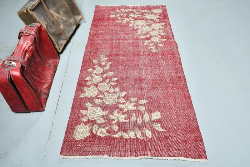 Vintage 3.1x6.8 ft Halı, Accent Türk Halısı, Kırmızı Bordürlü Yün Halı - 1