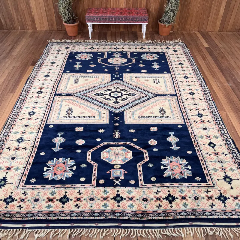Turkish Oversize Rug 8.9x11.9 ft, Blue Camouflage Vintage Wool Rug - 1