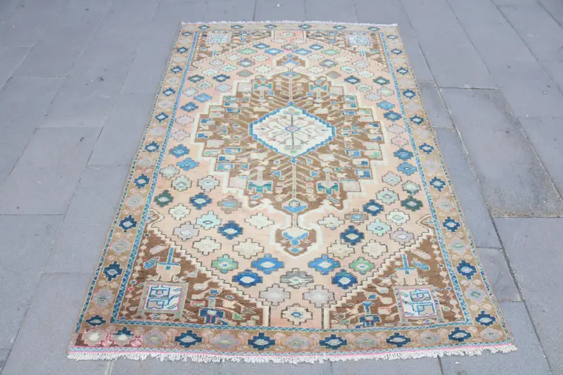 4.1x6.3 ft Vintage Turkish Rug, Area Rug, Blue Brown Floral Wool Rug - 1