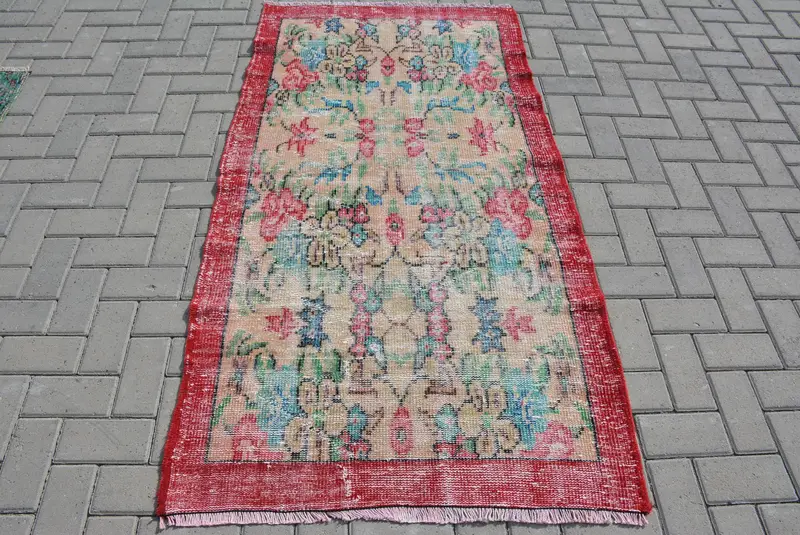 Turkish Rug, 3.2x6.1 ft Accent Vintage Rug, Red Blue Oriental Rug - 1
