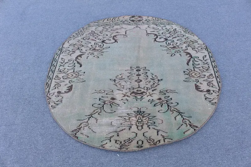 グリーン & ブラウン ラグ、4.4x4.4 フィート ストライプ幾何学デザイン