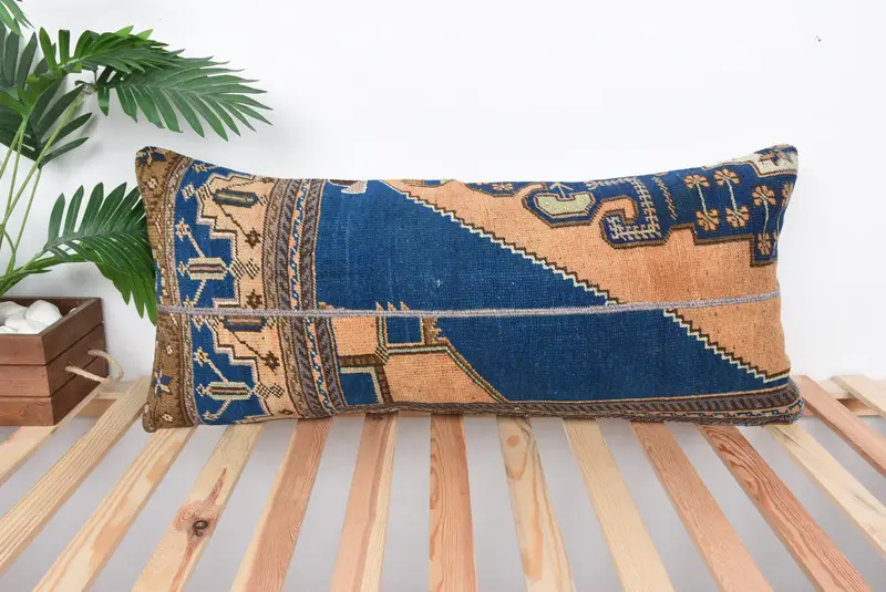 Blaues und oranges Patchwork-Wurfkissen, handgefertigtes rechteckiges Kissen