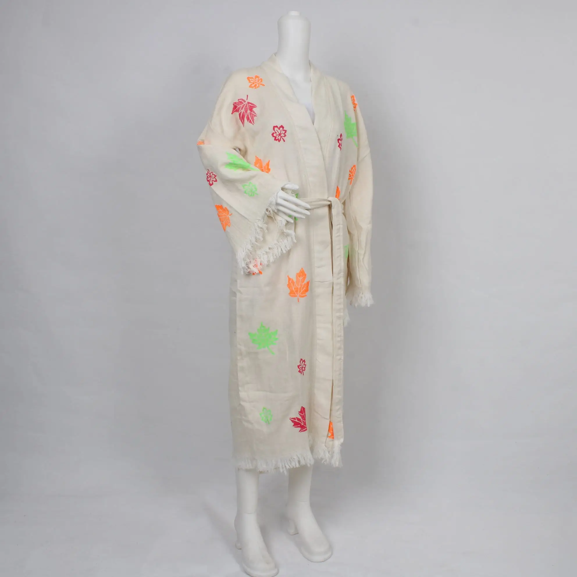 Personalized Muslin Kimono, Leaf Patterned, Beige, Medium/Large - 1
