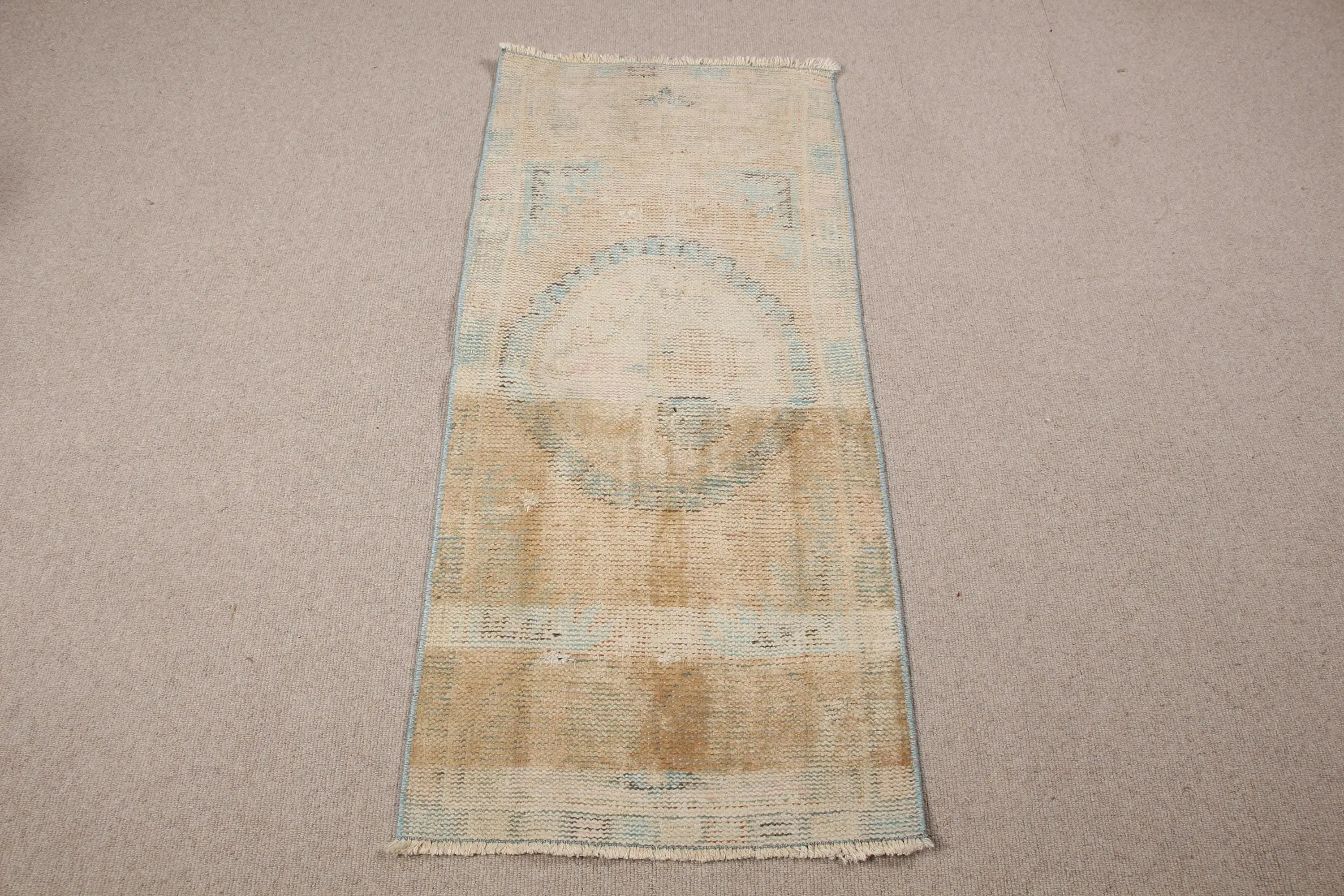 Turkish Small Rug 1.9x4.2 ft, Vintage Brown Check Wool Rug - 1