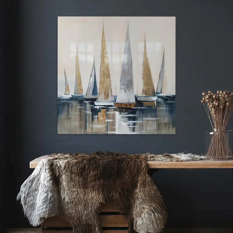 ゴールデン ボート抽象的な海プリント ガラス - エレガントでモダンなデザイン
