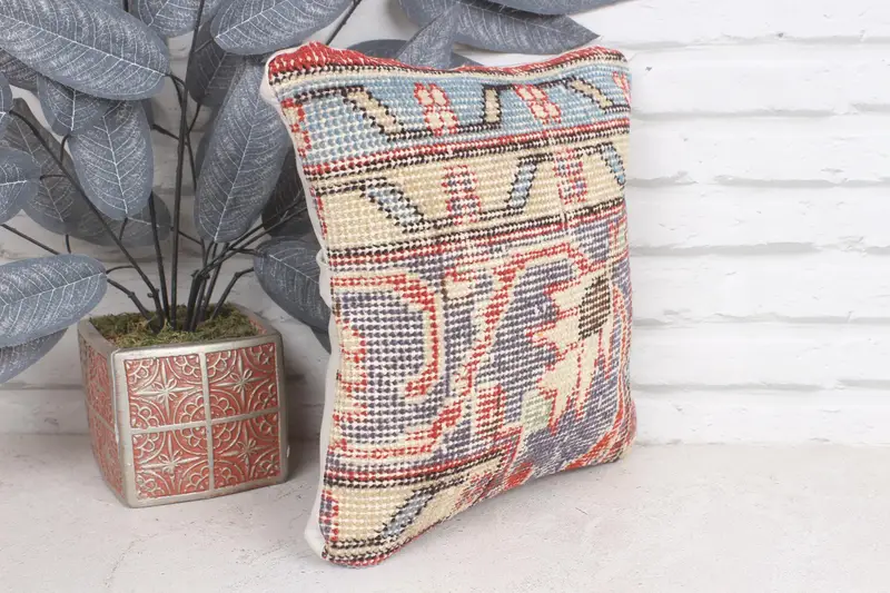 Boho Pillow, Antique Pillows, Handmade Cushion Case, Cushion, Handmade Kilim Cushion, Car Pillow Case, 12x12 Blue Pillow Sham - 4