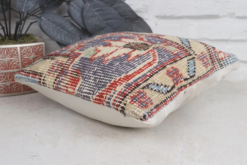 Boho Pillow, Antique Pillows, Handmade Cushion Case, Cushion, Handmade Kilim Cushion, Car Pillow Case, 12x12 Blue Pillow Sham - 6