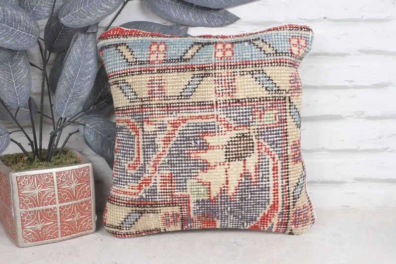 Boho Pillow, Antique Pillows, Handmade Cushion Case, Cushion, Handmade Kilim Cushion, Car Pillow Case, 12x12 Blue Pillow Sham - 1