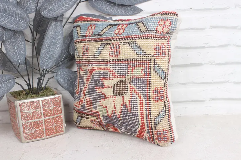 Boho Pillow, Antique Pillows, Handmade Cushion Case, Cushion, Handmade Kilim Cushion, Car Pillow Case, 12x12 Blue Pillow Sham - 3