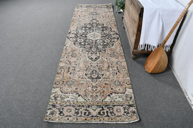 Canlı Turuncu ve Mavi Halı, 2,9x10,2 ft İran Desenli