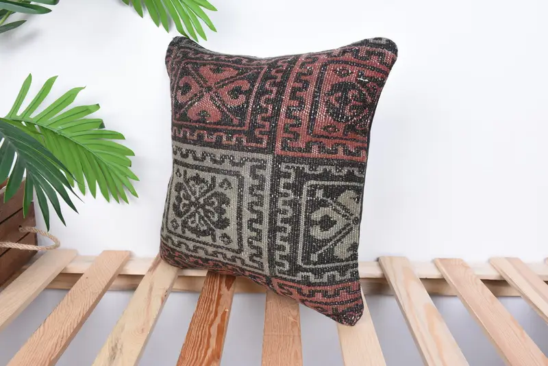 Vintage Kilim Pillow, Pillow Case, Boho Pillow Sham Cover, Turkish Rugs Pillow Sham, 14x14 Brown Pillow, Muted Pillow, Home Decor Pillow - 5