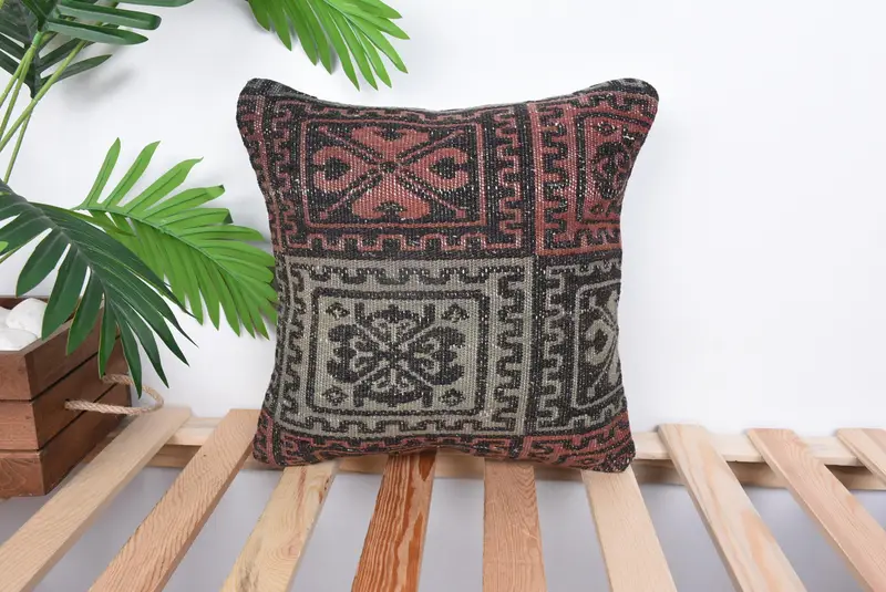 Vintage Kilim Pillow, Pillow Case, Boho Pillow Sham Cover, Turkish Rugs Pillow Sham, 14x14 Brown Pillow, Muted Pillow, Home Decor Pillow - 1
