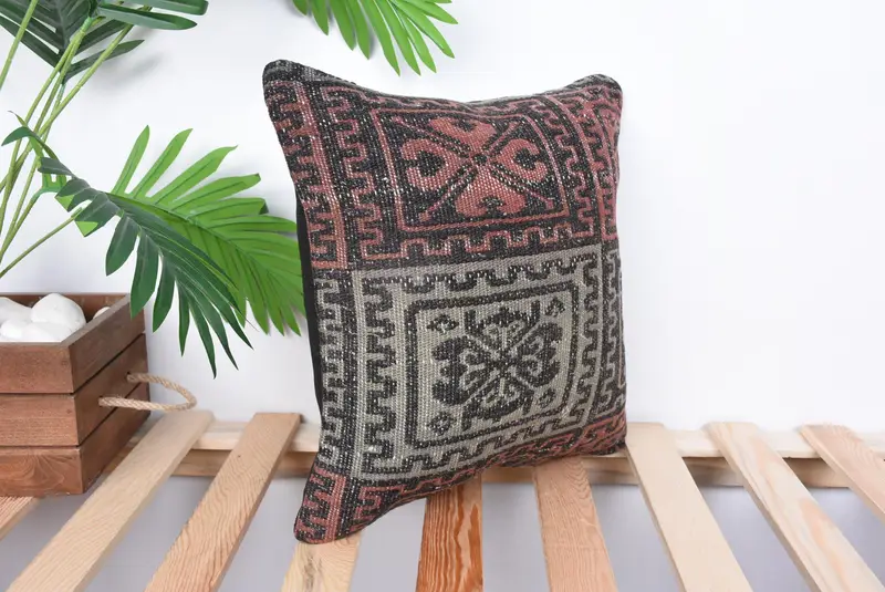 Vintage Kilim Pillow, Pillow Case, Boho Pillow Sham Cover, Turkish Rugs Pillow Sham, 14x14 Brown Pillow, Muted Pillow, Home Decor Pillow - 4