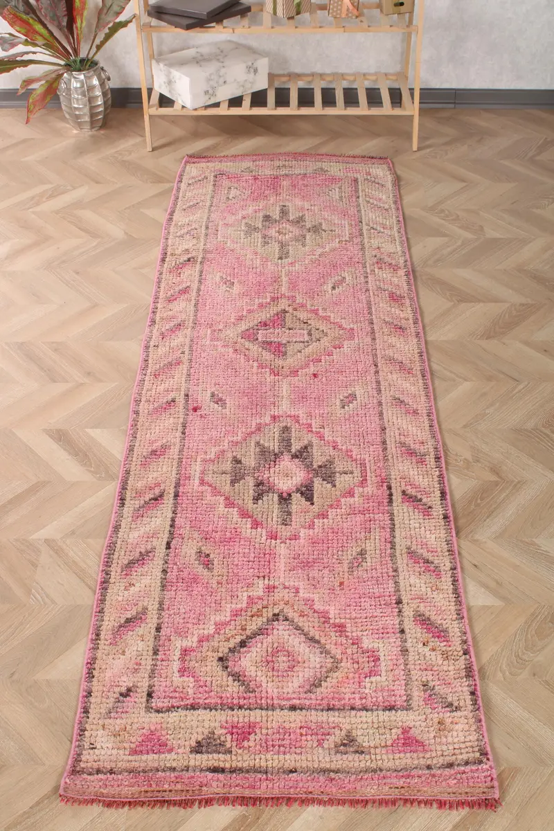 Turkish Vintage Rug, 2.6x8.4 ft Herki Rug, Pink Runner Polka dot Rug - 1