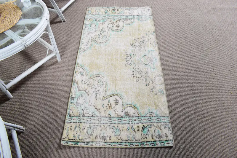 Türk 2.3x4.9 ft Halı, Küçük Vintage Halı, Beyaz Mavi Çiçekli Halı - 1