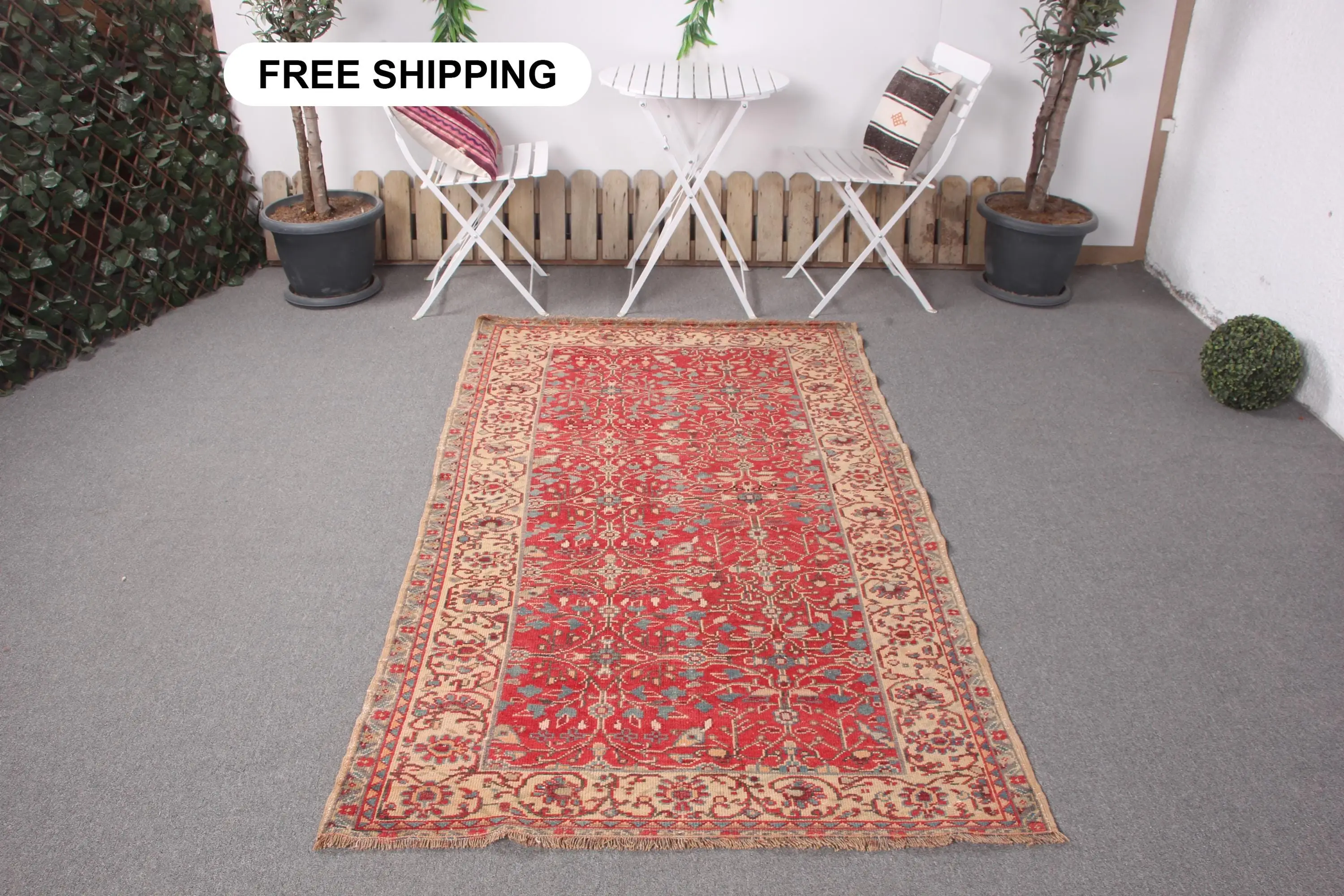 Vintage Turkish Area Rug 3.8x6.7 ft, Red Blue Ombré Wool Rug - 1