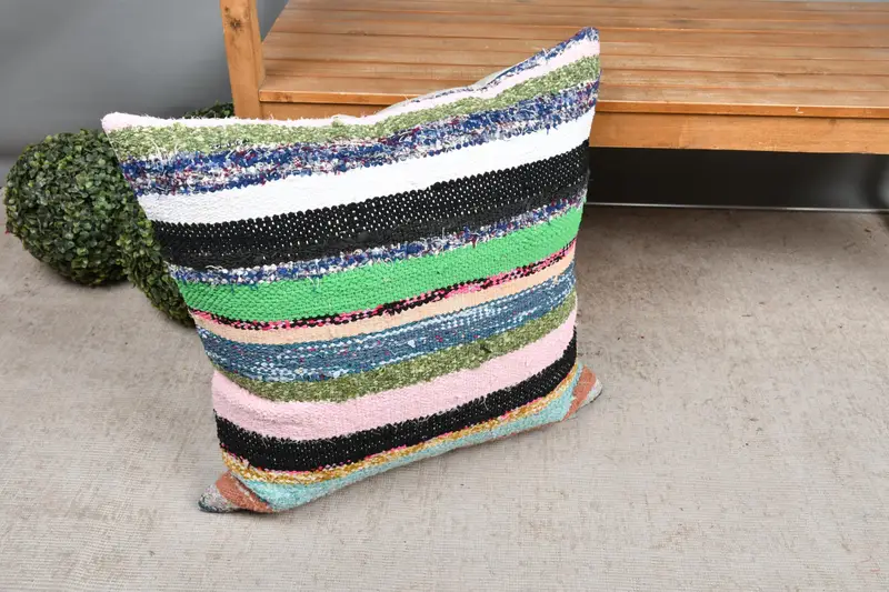 Green & Pink Striped Decorative Pillow, 24x24 Inches, Embroidered Vintage Pillow - 7