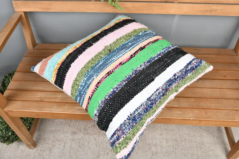 Green & Pink Striped Decorative Pillow, 24x24 Inches, Embroidered Vintage Pillow - 2